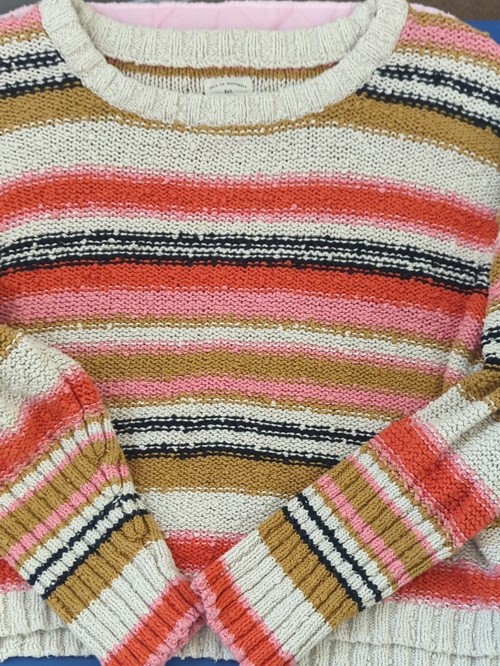 Billabong Cream Sweater with Coral, Pink, Tan & Black Stripes